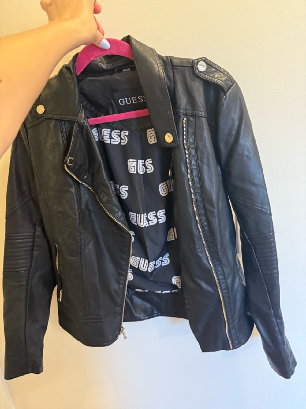 GUESS Black Faux Leather Moto Jacket with Silver Hardware